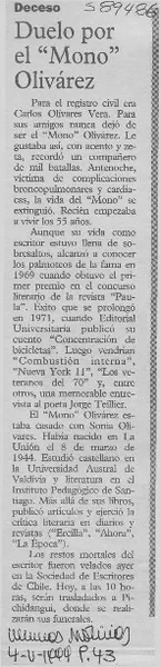 Duelo por el "Mono" Olivárez  [artículo]