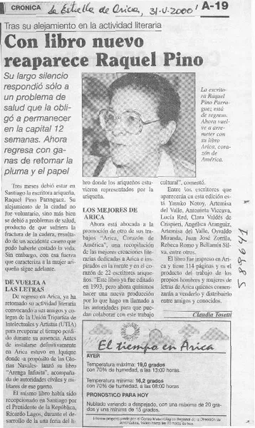Con libro nuevo reaparece Raquel Pino  [artículo] Claudia Tosetti