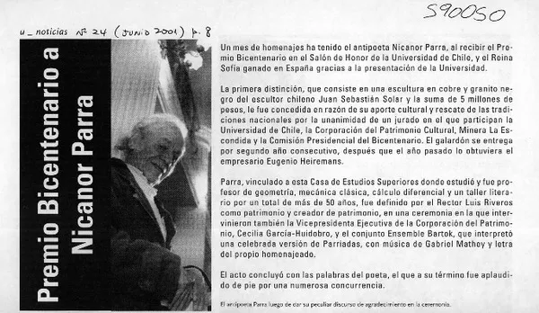 Premio Bicentenario a Nicanor Parra  [artículo]