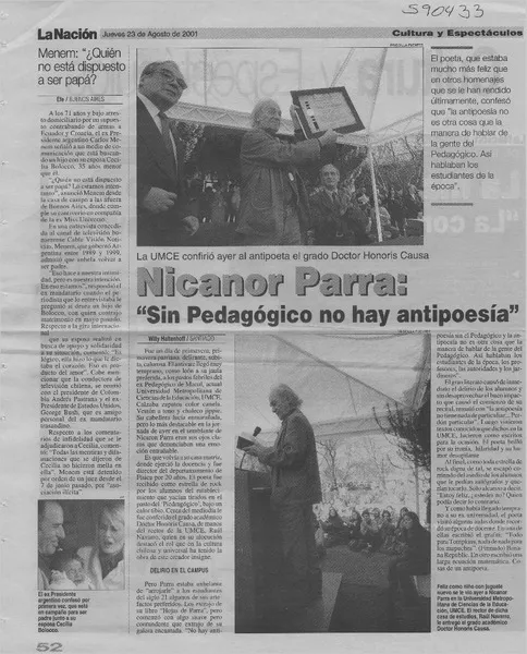 Nicanor Parra, "sin pedagógico no hay antipoesía"  [artículo] Willy Haltenhoff