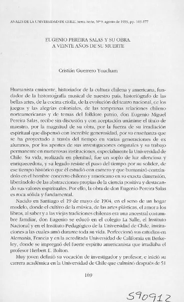 Eugenio Pereira Salas y su obra, a veinte años de su muerte  [artículo] Cristián Guerrero Yoacham
