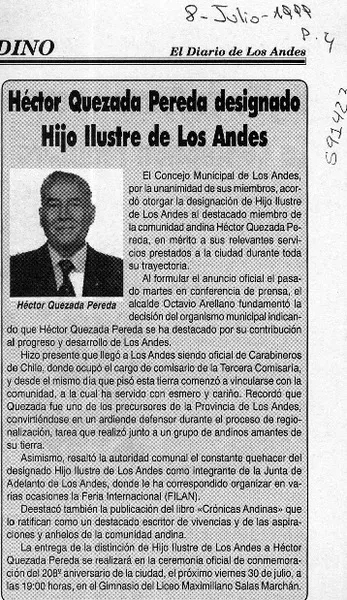 Héctor Quezada Pereda designado Hijo Ilustre de Los Andes  [artículo]