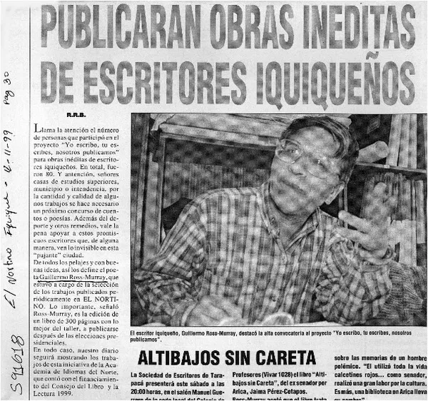 Publicarán obras inéditas de escritores iquiqueños  [artículo] R. R. B.