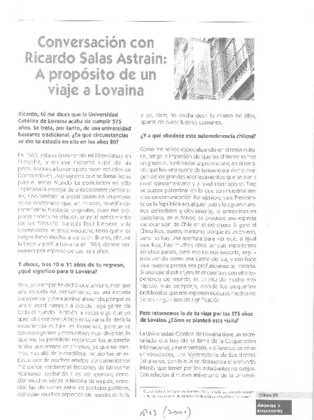 Conversación con Ricardo Salas Astrain, a propósito de un viaje a Lovaina  [artículo] Manuel Loyola