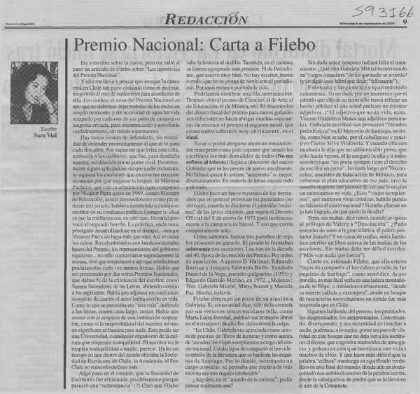 Premio Nacional, carta a Filebo  [artículo] Sara Vial