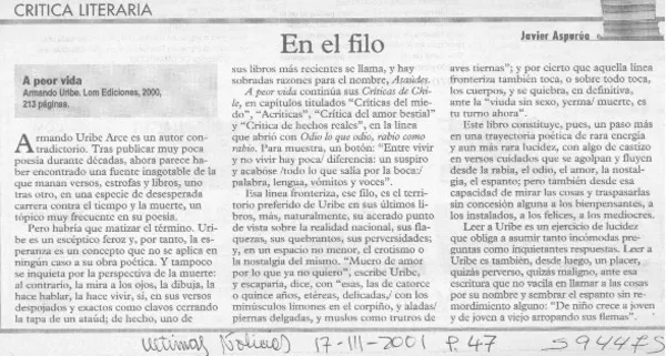 En el filo  [artículo] Javier Aspurúa
