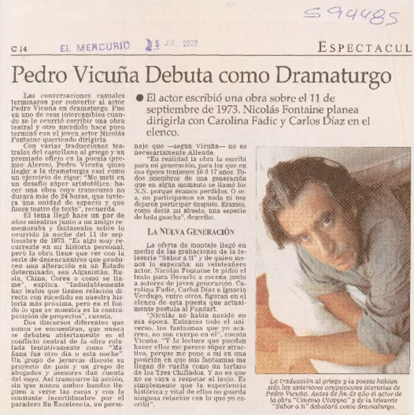Pedro Vicuña debuta como dramaturgo  [artículo]