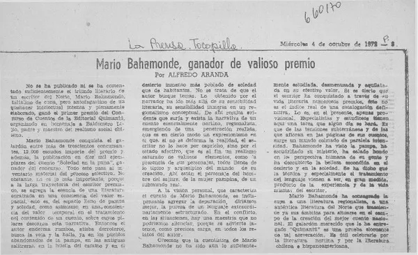 Mario Bahamonde, ganador de valioso premio  [artículo] Alfredo Aranda.