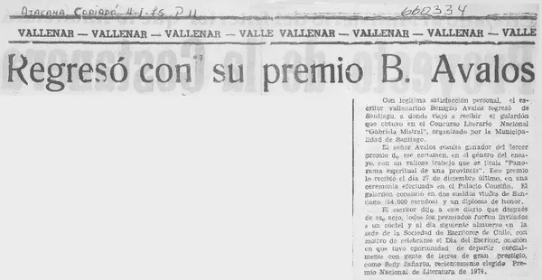 Regresó con su premio B. Avalos.  [artículo]