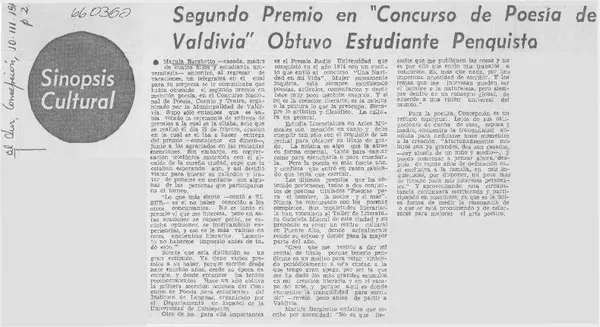 Segundo premio en "Concurso de poesía de Valdivia" obtuvo estudiante penquista.  [artículo]