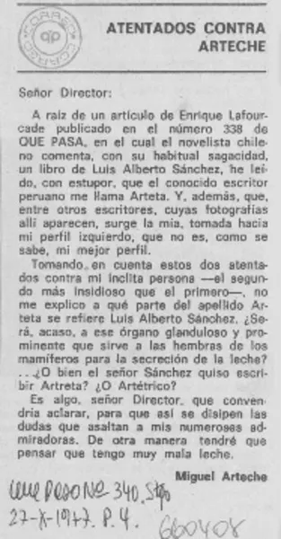 Atentados contra Arteche  [artículo] Miguel Arteche