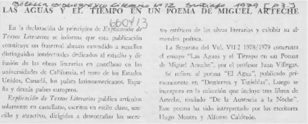 Las aguas y el tiempo en un poema de Miguel Arteche.  [artículo] A. B.