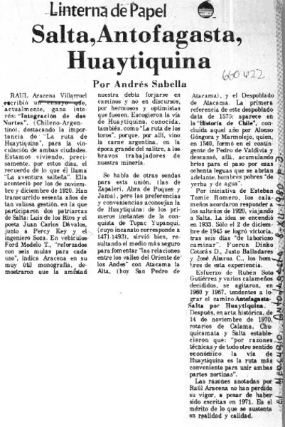 Salta, Antofagasta, Huaytiquina  [artículo] por Andrés Sabella.