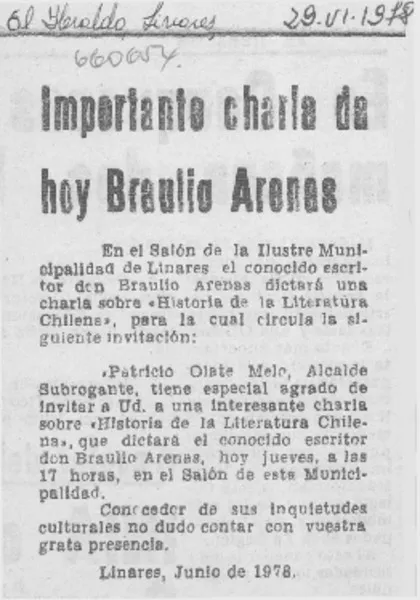 Importante charla de hoy Braulio Arenas.  [artículo]