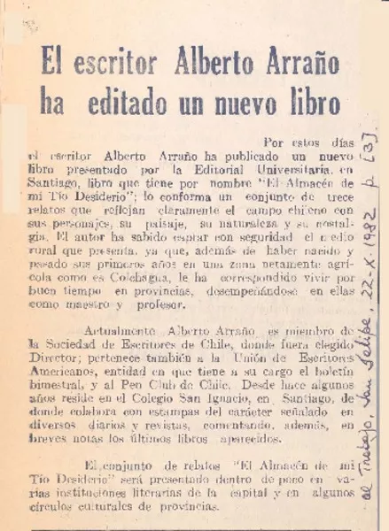 El escritor Alberto Arraño ha editado un nuevo libro.  [artículo]