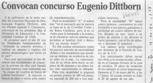 Convocan concurso Eugenio Dittborn.  [artículo]