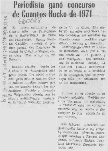 Periodista ganó concurso de Cuentos Hucke de 1971.  [artículo]