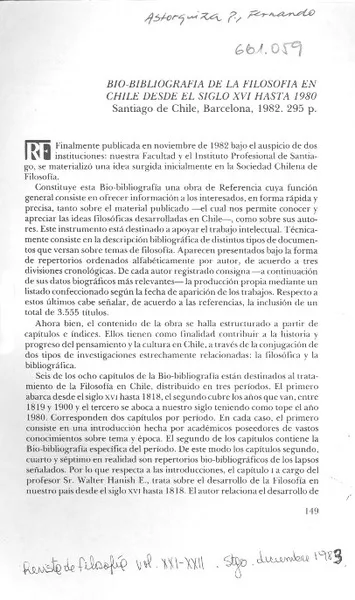 Bio-bibliografía de la filosofía en Chile desde el siglo XVI hasta 1980  [artículo] Ives Benzi.