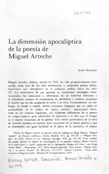 La dimensión apocalíptica de la poesía de Miguel Arteche  [artículo] Juan Villegas.