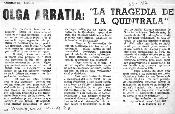 Olga Arratia: "La tragedia de La Quintrala"  [artículo] J. A. Massone del C.