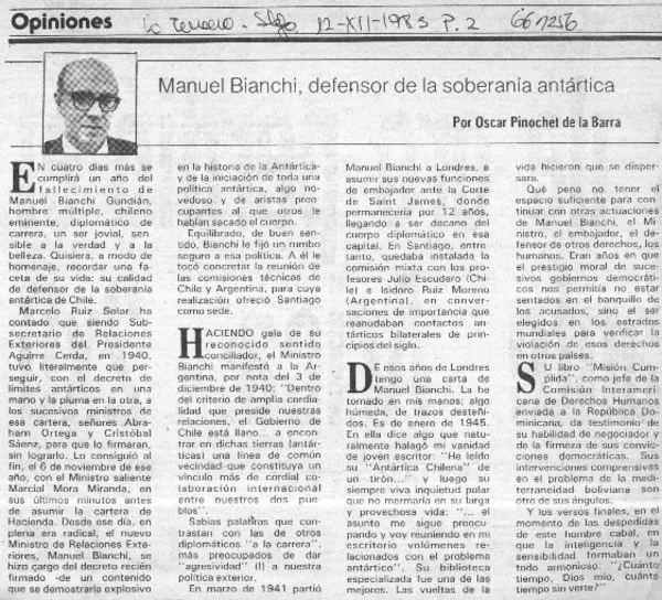 Manuel Bianchi, defensor de la soberanía antártica  [artículo] Oscar Pinochet de la Barra.
