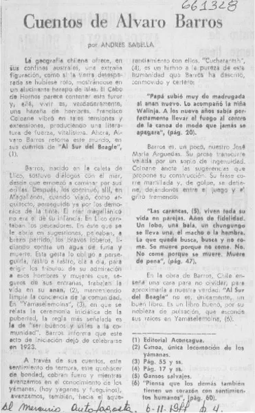 Cuentos de Alvaro Barros.  [artículo] Andrés Sabella.