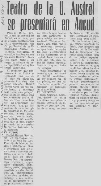 Teatro de la U. Austral se presentará en Ancud.  [artículo]