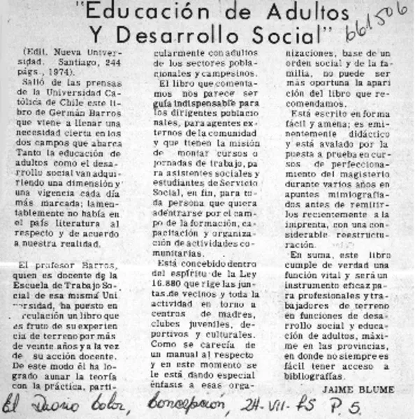 "Educación de adultos y desarrollo social"  [artículo] Jaime Blume.