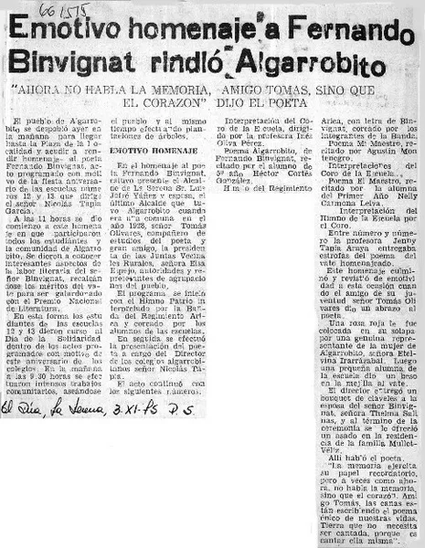 Emotivo homenaje a Fernando Binvignat rindió Algarrobo.  [artículo]