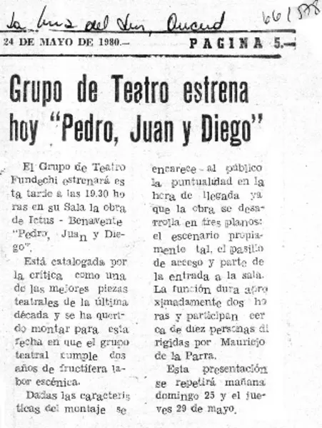 Grupo de teatro estrena hoy "Pedro, Juan y Diego".  [artículo]