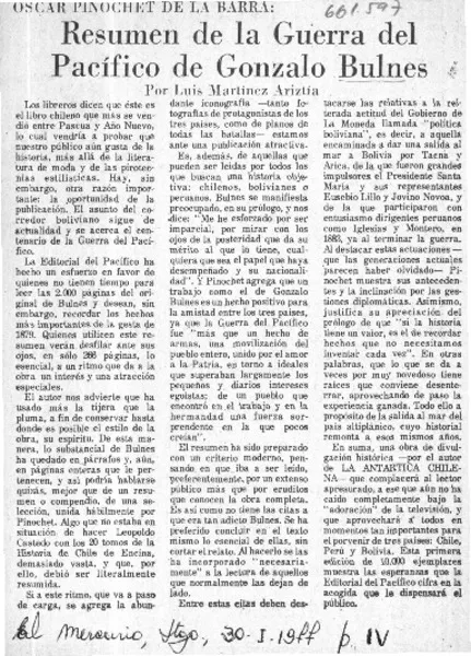 Resumen de la Guerra del Pacífico de Gonzalo Bulnes  [artículo] Luis Martínez Ariztía.