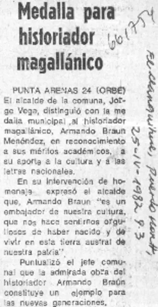 Medalla para historiador magallánico.  [artículo]