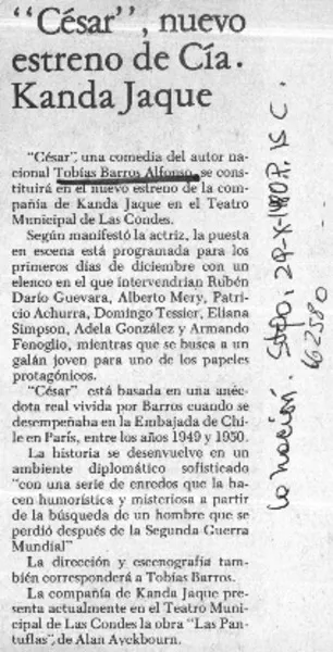 César", nuevo estrenos de Cía. Kanda Jaque.  [artículo]