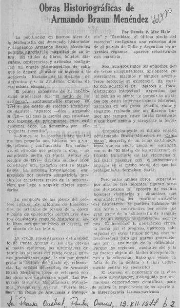 Obras historiográficas de Armando Braun Menéndez  [artículo] Tomás P. Mac Hale.