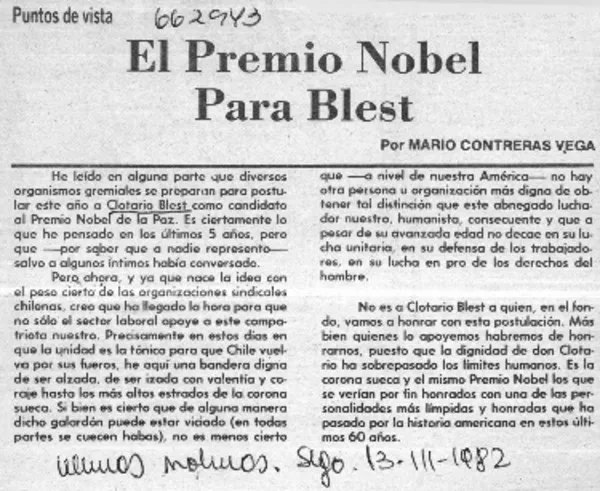 El Premio Nobel para Blest  [artículo] Mario Contreras Vega.