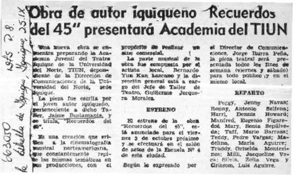 Obra de autor iquiqueño "Recuerdos del 45" presentará academia del TIUN.  [artículo]
