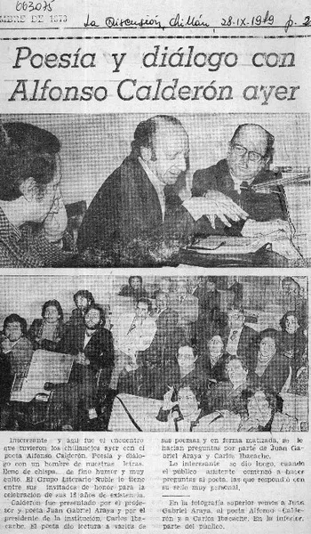 Poesía y diálogo con Alfonso Calderón ayer.  [artículo]