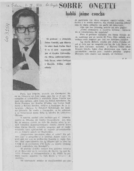 Sobre Onetti habló Jaime Concha  [artículo] F. P.
