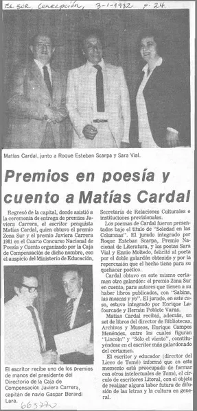 Premios en poesía y cuento a Matías Cardal.  [artículo]
