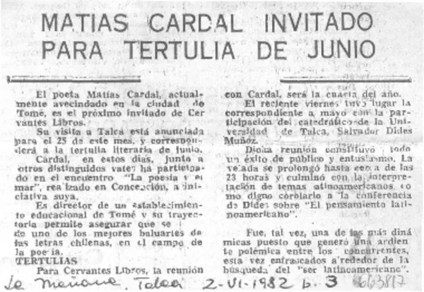 Matías Cardal invitado para tertulia de junio.  [artículo]