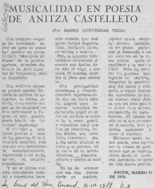 Musicalidad en poesía de Anitza Castelletto  [artículo] Mario Contreras Vega.