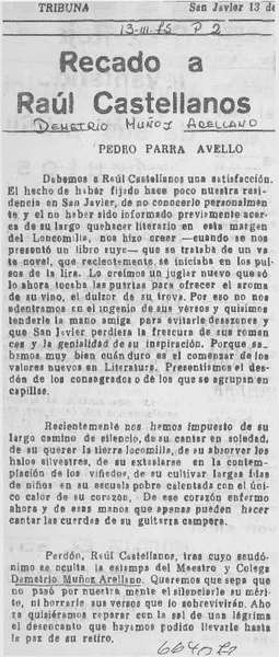 Recado a Raúl Castellanos  [artículo] Pedro Parra Avello.