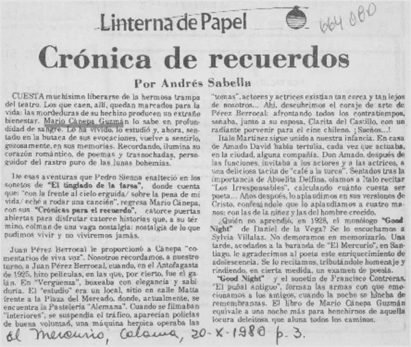 Crónica de recuerdos  [artículo] Andrés Sabella.