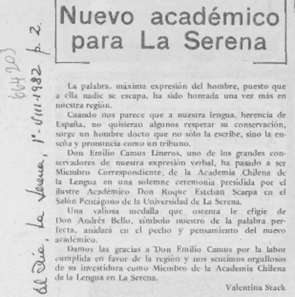 Nuevo académico para La Serena  [artículo] Valentina Stack.