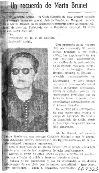 Un recuerdo de Marta Brunet.  [artículo]Igor Novicow