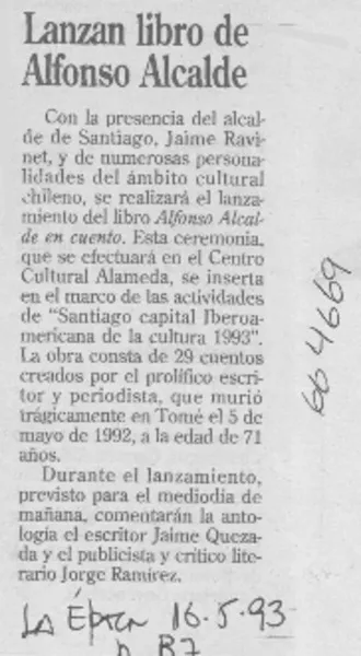 Lanzan libro de Alfonso Alcalde.  [artículo]