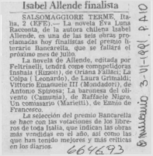 Isabel Allende finalista.  [artículo]