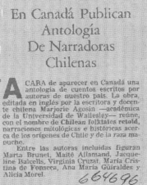 En Canadá publican antología de narradoras chilenas.  [artículo]