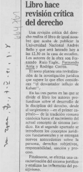 Libro hace revisión crítica del derecho.  [artículo]