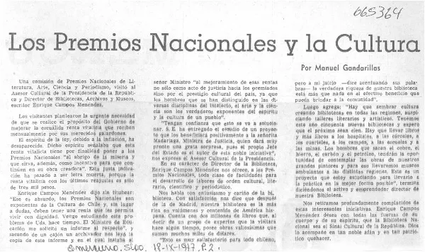 Los Premios Nacionales y la cultura  [artículo] Manuel Gandarillas.